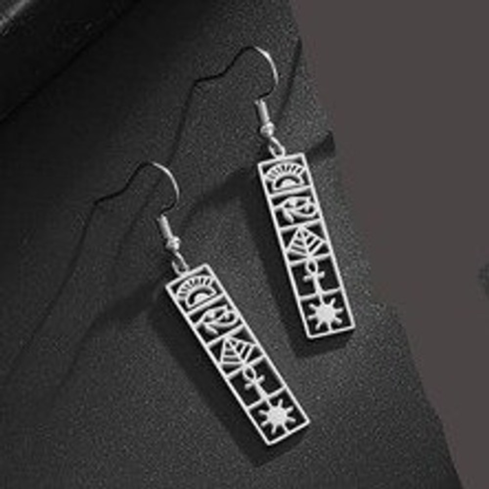 Silver Stainless Steel Egyptian Eye of Horus Ankh Symbol Rectangular Earrings